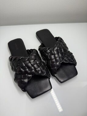 NEW Open Edit Lucca Black Braided Woven Slide Sandals - Square Toe- Size 7.5